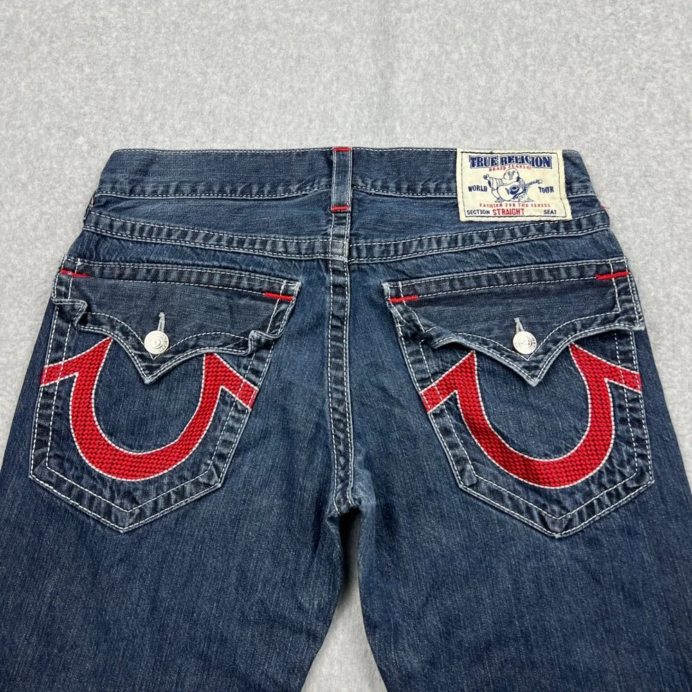 True Religion Straight Jeans Mens 33 Blue Red Horseshoe Stitch Flap Pocket USA